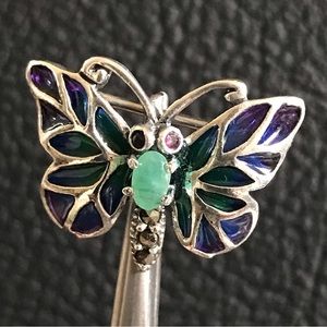 NWOT EMERALD and MARCASITE Gemstones 925 Sterling Silver Enamel Butterfly Brooch